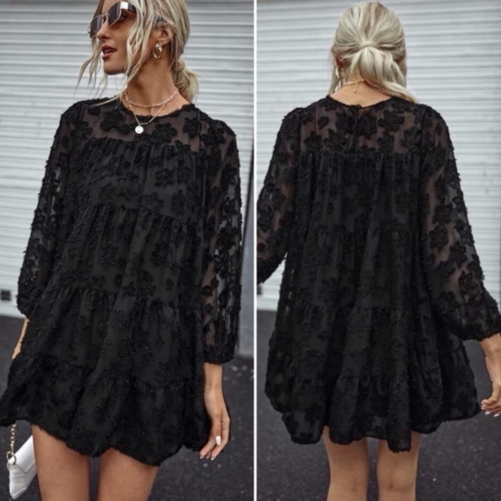 Zara Flocked Floral Swing Babydoll Dress in black Medium